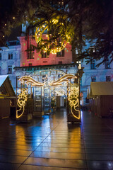Beautiful Christmas decorations at famous main square Hauptplatz, at night, in the city center of Graz, Steiermark, Austria.