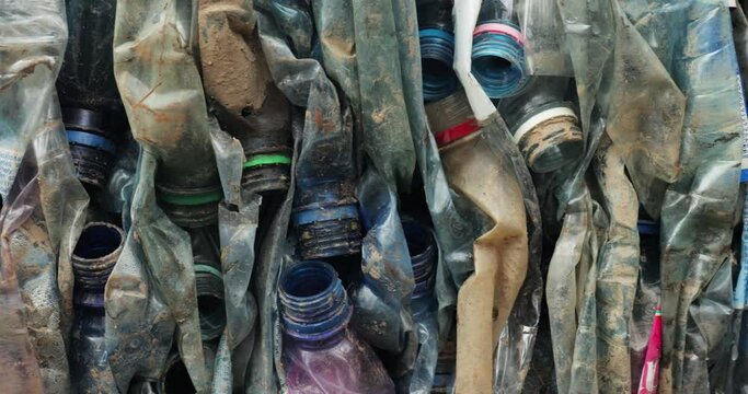 Plastic bottles in bales for waste recycling