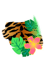 Abstract tiger stripes with tropical plants and flowers, exotic animal skin design print.