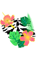 Abstract tiger stripes with tropical plants and flowers, exotic animal skin design print.