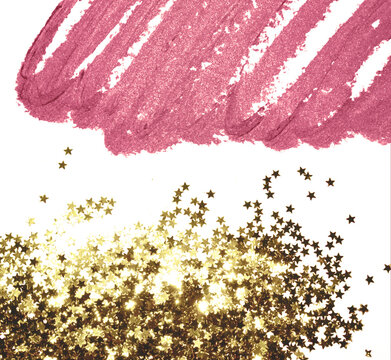 Pink lipsticks smears, gold glittering stars, abstract background with cosmetics, vintage colors