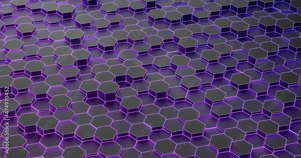 Poster black hexagon with purple neon glow background pattern 3d rendering. abstract honeycomb background v
