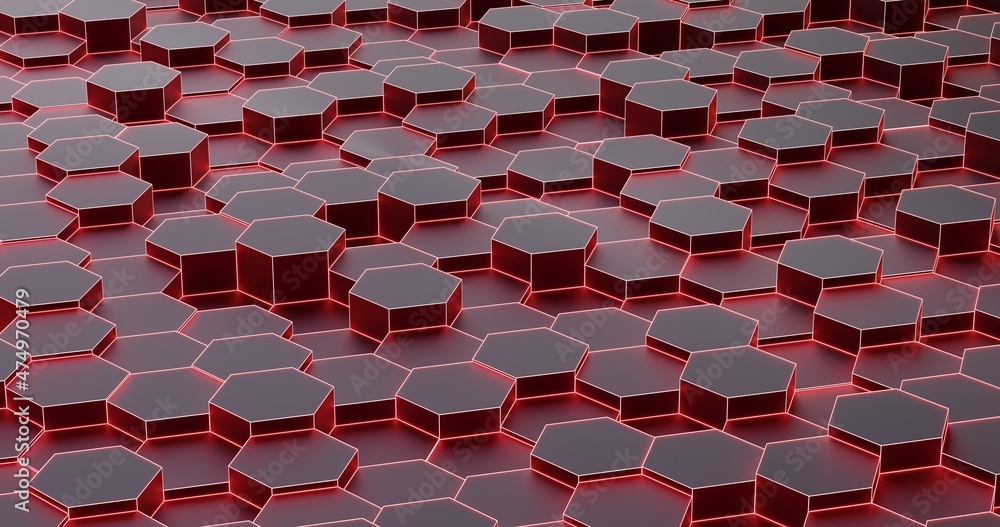 Aufkleber black hexagon with red neon glow background pattern 3d rendering. abstract honeycomb background vect