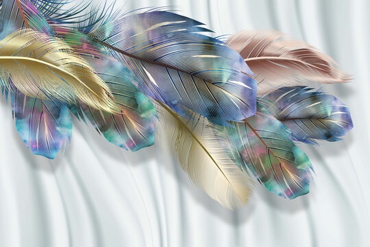 3d wallpaper many of colorful peacock feathers on a silk background © mohamed