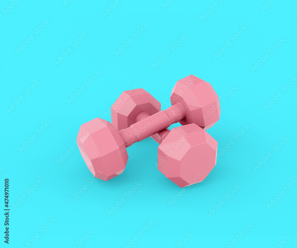Poster pink dumbbells on a blue background. minimalistic design object. 3d rendering.