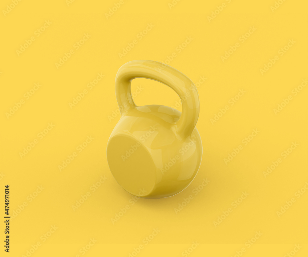 Poster yellow kettlebell on a yellow background. minimalistic design object. 3d rendering.