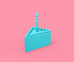Blue triangular piece of cake with a festive candle on a pink background. Minimalistic design object. 3d rendering.