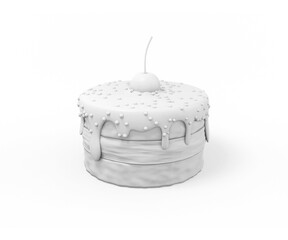 White small cake with a cherry on top on a white background. Minimalistic design object. 3d rendering.