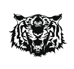 Vector drawing of the head of a tiger with the opened mouth. Line art tiger logo