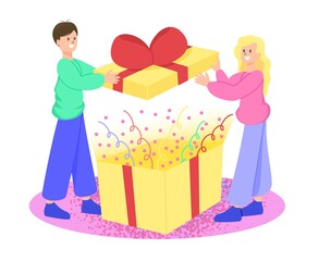 Man and woman open a present box. Vector illustration. Celebration, holiday.