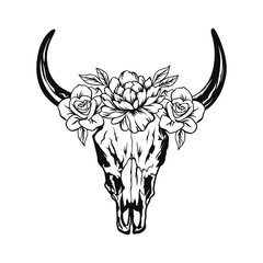 Schedel van een stier met hoorns versierd met bloemen