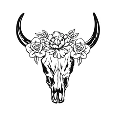 Poster de jardin Boho Crâne de taureau aux cornes orné de fleurs