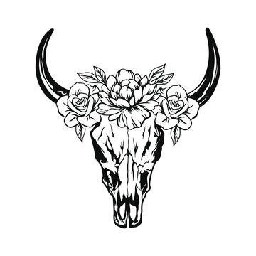 Skull of a bull with horns decorated with flowers