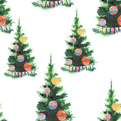 Seamless Christmas pattern with green Christmas trees and colorful festive balloons. Watercolor background of textiles, wallpaper and packaging.