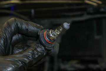A halogen light bulb in a man's hand.  A professional worker changes the new halogen lamps of the...