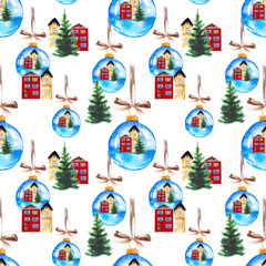 Seamless pattern with a Christmas tree, glass balls and small houses. Watercolor bright background for the design of postcards and festive packaging.