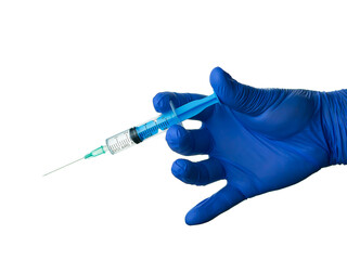 A hand in a blue glove negligently holds a syringe, close-up, isolated. Medical disposable plastic syringe in hand on a white background.  The concept of epidemic and pandemic prevention, vaccination.