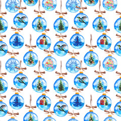 Christmas seamless pattern with Christmas trees, glass balls houses and hummingbirds. Festive background for textiles, wallpaper and packaging.