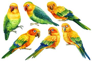 Set of tropic parrots watercolor, tropical birds, lovebirds