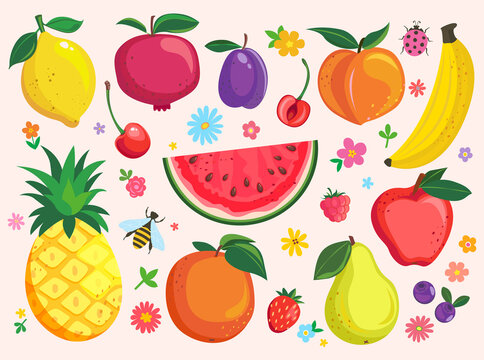 Set of funny hand drawn isolated fruits,berries.Sweet summer treat,tasty food for kids:lemon,pomegranate,plum,peach and cherry,orange,blueberry,raspberry,apple,pear, pineapple,strawberry,banana.Vector