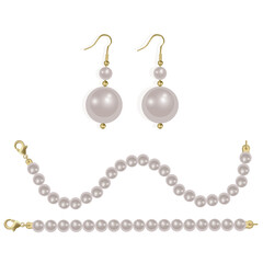White pearl beads and pearl earrings, realistic illustration in vector format
