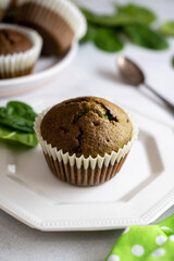 Spinach muffins. Healthy, vegan freshly baked green muffins.