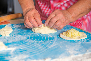 Obraz na płótnie Canvas mom makes a lot of pies out of dough. High quality photo