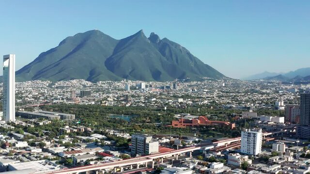 Cerro de La Silla and parc Fundidora in Monterrey Mexico. Aerial drone view.