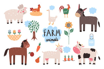 Collection of different farm animals. Cartoon cute animals. Vector illustration.