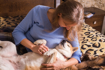 A woman having fun with a Shiba Inu dog