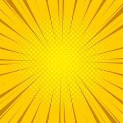 Yellow Manga anime action frame lines with halftones. Pop art retro background with exploding rays of lightning comic style. Vector. Abstract template with speed lines on transparent background