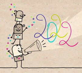 cartoon family with megaphone and 2022 sign