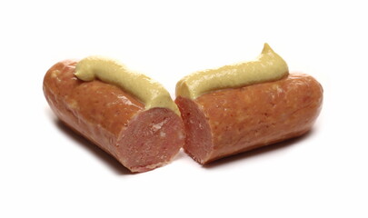 Sausage with yellow mustard isolated on white  