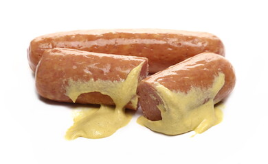 Sausage with yellow mustard isolated on white  