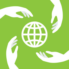 Four hands and world globe icon. Concepts of environmental issues, global connections, protection or exploitation of planet Earth.