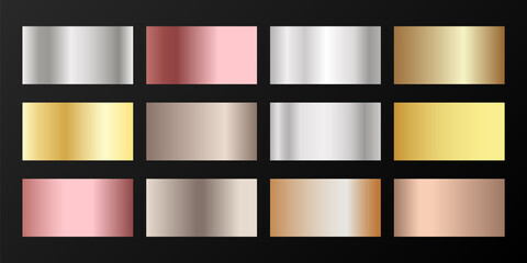 Silver, platinum, bronze, pink gold vector metallic gradients.