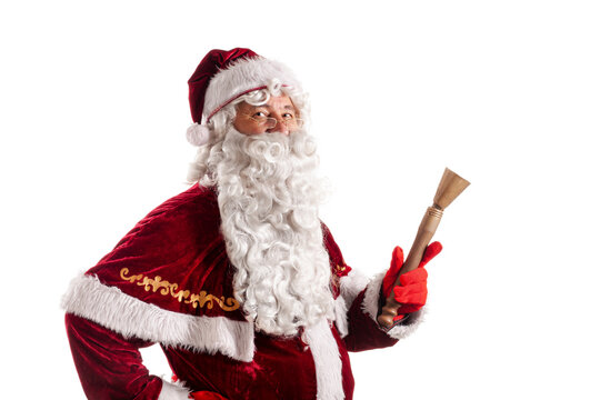santa claus with ring bell studio portrait on white background.