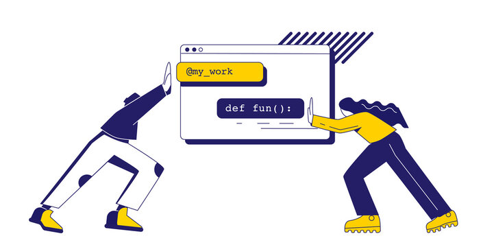 The concept of joint development - a man and a woman combine lines of code - elements of programm in the form of a browser. Stylized illustration isolated on white background