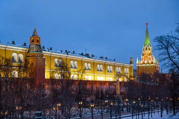 Kremlin walls in the Alexander Garden in the evening in winter. Moscow