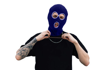 Closeup headshot of criminal wearing black balaclava and hoodie looking at camera, copy space, isolated over white background. very peri colored. Color of the year 2022