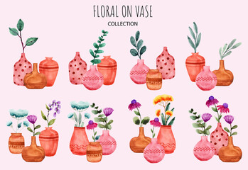 hand drawn watercolor set of flowers and plants on vase