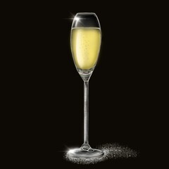 3D-image.Hand drawn illustration of glass of festive champagne 