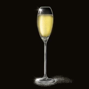 3D-image.Hand drawn illustration of glass of festive champagne 