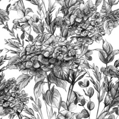 Botanical textile pattern. Seamless black and white print with hydrangea flowers and herbs collected in a bouquet painted with watercolor and pencil on a white background for textiles and surface