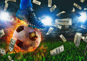 Soccer player with a fiery ball and falling banknotes in stadium