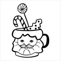 Ceramic santa claus cup. Christmas sweets in a cup, cane lollipop. Doodle vector illustration