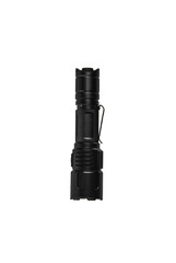 Мodern black metal LED flashlight isolated on white background. Portable pocket lighting fixture.