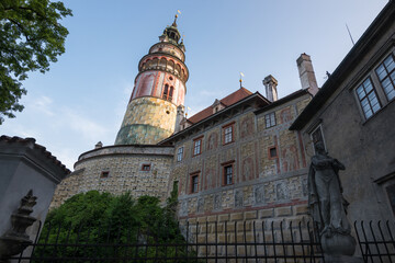 Obraz premium View of the beautiful tower of Cesky Krumlov Castle by the afternoon - Cesky Krumlov, Czech Republic