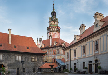 Fototapeta na wymiar View of the beautiful tower of Cesky Krumlov Castle by the afternoon - Cesky Krumlov, Czech Republic