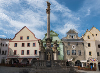 Fototapeta na wymiar View of the Fountain and Plague Column at Cesky Krumlov - Cesky Krumlov, Czech Republic